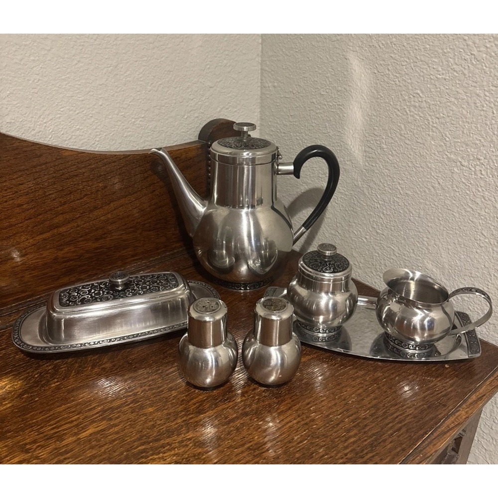 Vintage Oneida Stainless Steel Coffee Pot Creamer Sugar Butter S & P Made Japan